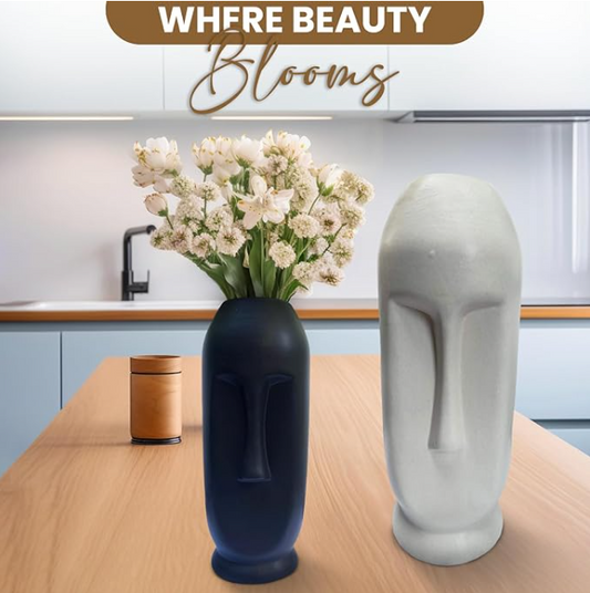 Handmade Ceramic Face Vase,Vase for Flowers, Decorative Vase for Pampas Grass, Vase for Home Living Room, Dining Table, Farmhouse Set of 2 (1 Small Black & 1 Big White)