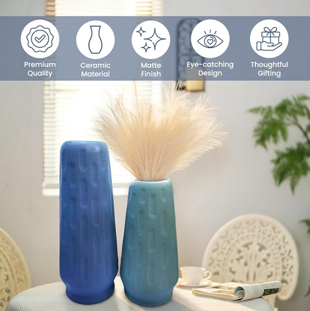 Ceramic Vessel Vase Set of 2, Blue and Green