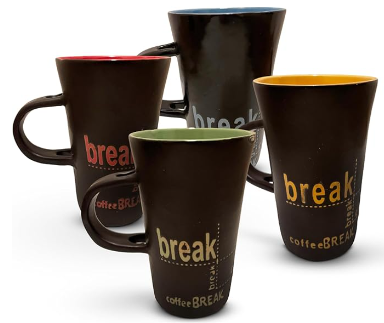 12 Oz Ceramic Break Mug for Coffee, Positivity Spreading Tea Cups with Large Handle, Dishwasher Safe set of 4, Green, Red, Yellow & Blue