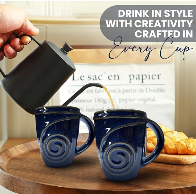 8 oz Blue Swirl Ceramic Mug Set of 4