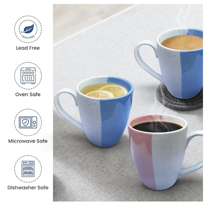 10 oz Handmade Ceramic Half Half Colour Coffee Mug - Dishwasher Safe, Modern Design, Ideal for Coffee, Tea, Hot & Cold Drinks, Gift Set of 4, (2 Pink & 2 Blue)