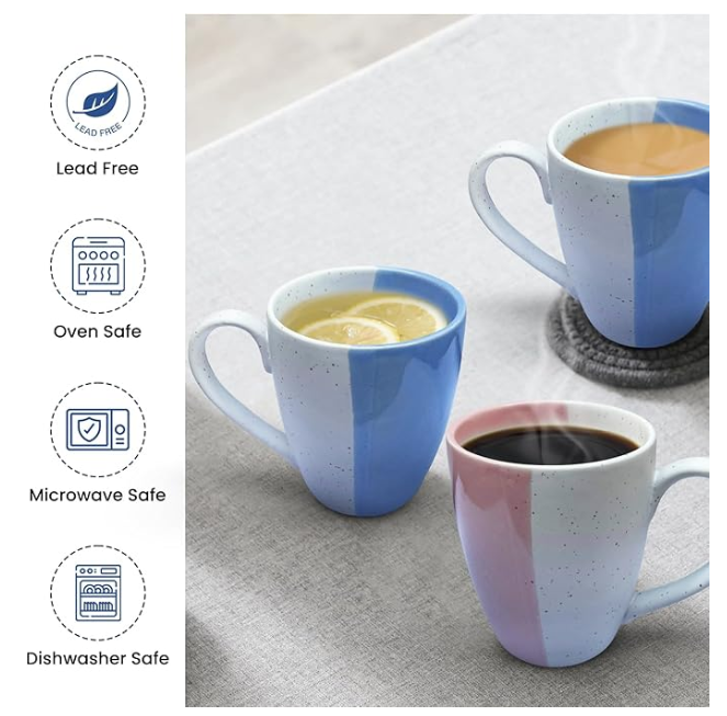 10 oz Half-Colour Ceramic Mug Set of 4, Pink and Blue
