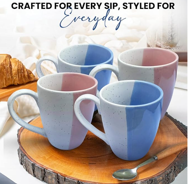 10 oz Half-Colour Ceramic Mug Set of 4, Pink and Blue