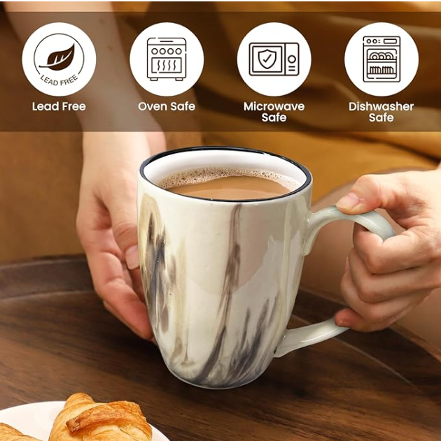 Mug artisanal en marbre italien 240 ml (8 oz), compatible lave-vaisselle, design moderne, idéal pour le café, le thé et les boissons chaudes et froides, cadeau pour toutes les occasions. Lot de 4, marbre crème.