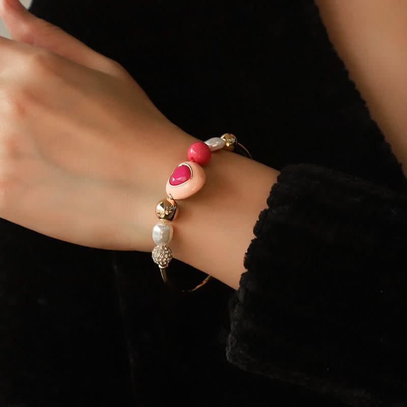 Heart & Peach Faux Pearl-Style Charm Bracelet Set, Adjustable