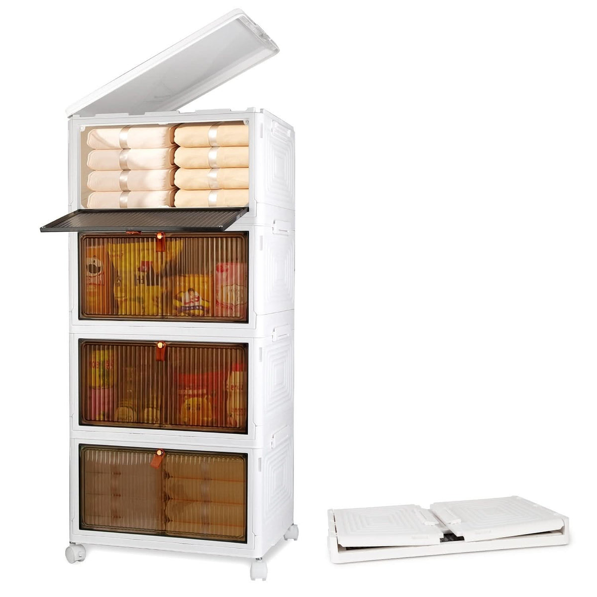 Ensemble de 4 bacs de rangement pliables avec couvercle et porte magnétique, empilables et dotés de 4 roulettes pivotantes à 360°.