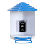 Solar bird feeder camera with blue roof and built-in 1080P camera, front view
