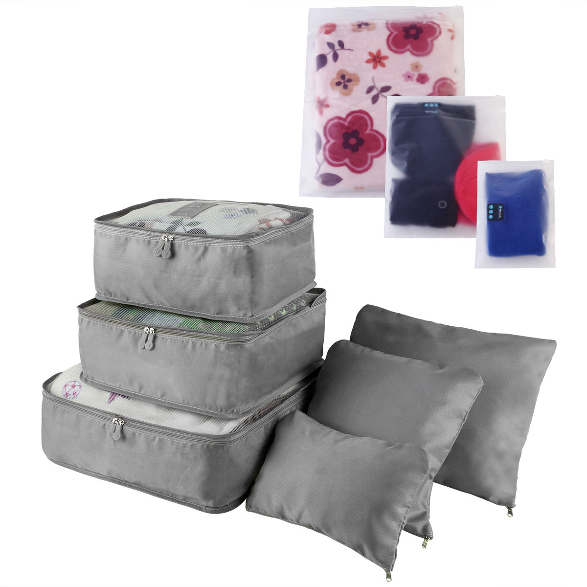 Grey 9-piece set: three cubes, three pouches and three storage bags