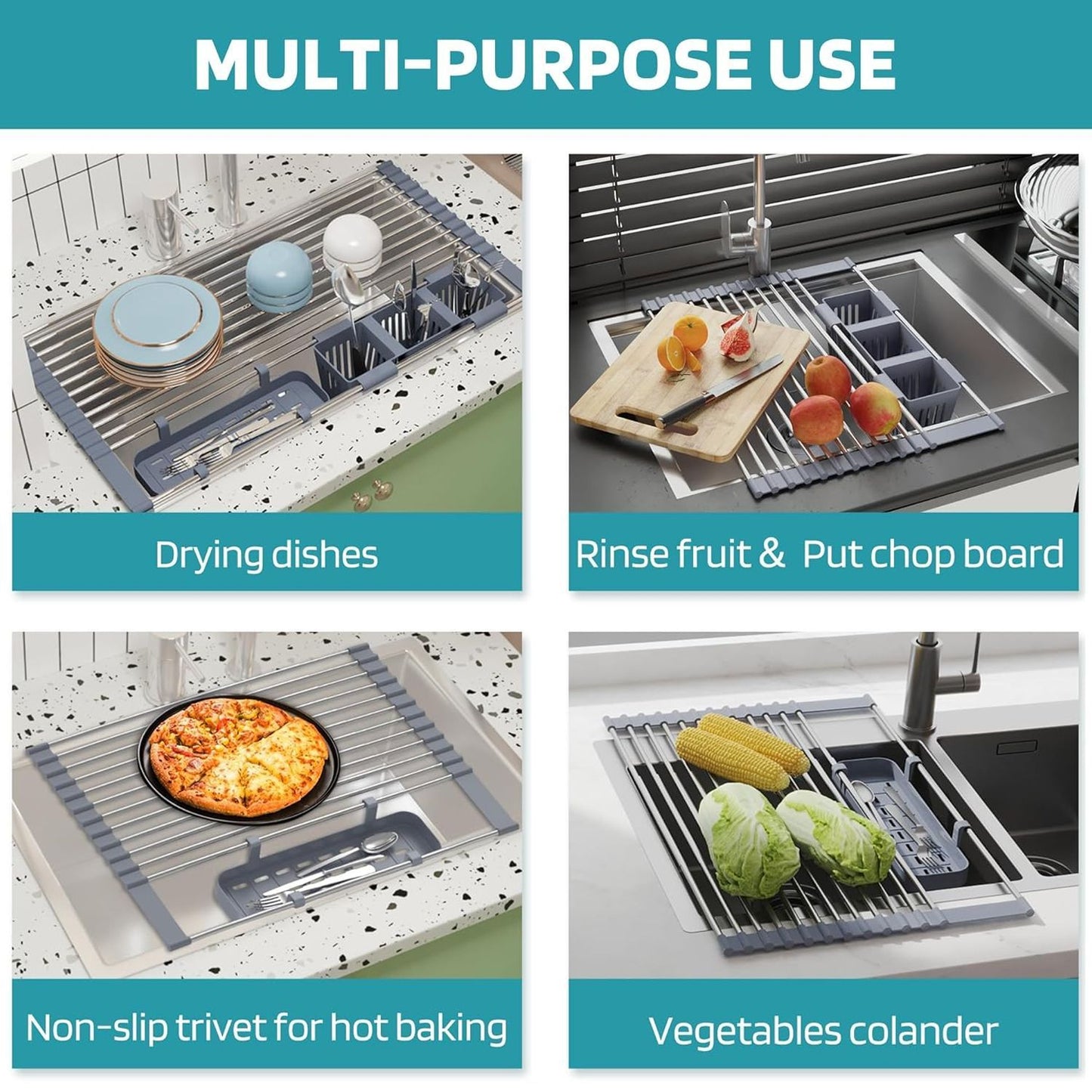 Ausziehbarer, aufrollbarer Geschirrtrockner mit 2 herausnehmbaren Körben, vielseitiger Küchenabtropfkorb, Ablagefach, Aufbewahrungsregal, Edelstahl, platzsparend, für die Spüle geeignet