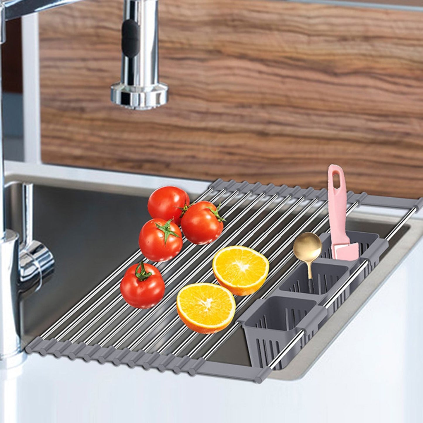 Ausziehbarer, aufrollbarer Geschirrtrockner mit 2 herausnehmbaren Körben, vielseitiger Küchenabtropfkorb, Ablagefach, Aufbewahrungsregal, Edelstahl, platzsparend, für die Spüle geeignet