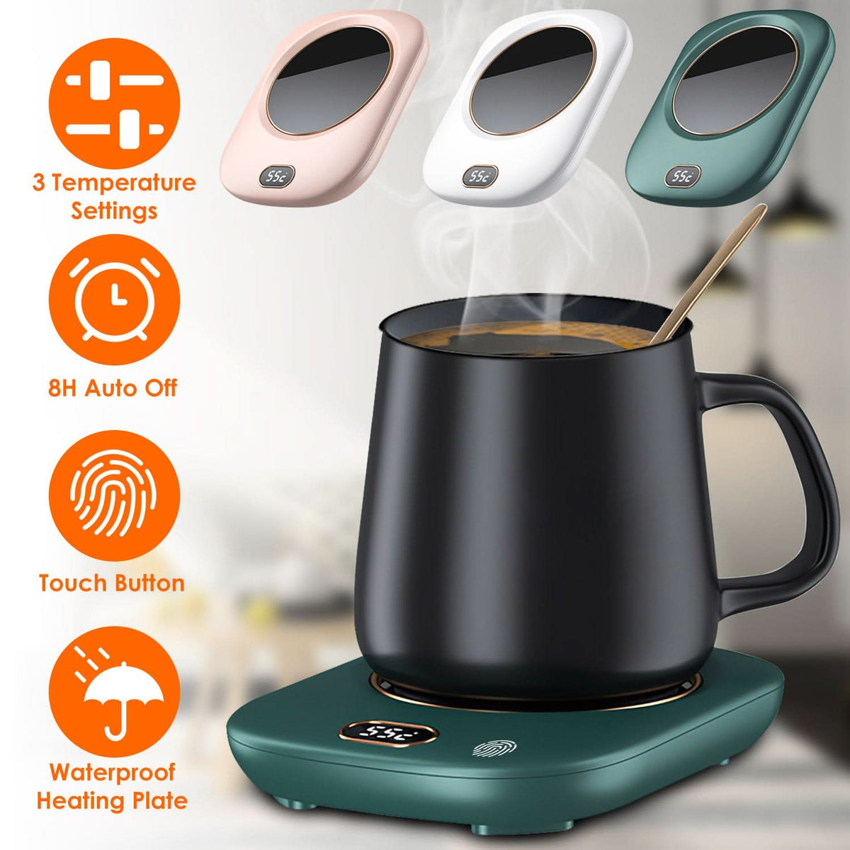 3 couleurs au choix -- Chauffe-tasse électrique de bureau avec arrêt automatique, compatible USB, pour thé, lait et autres boissons. 3 réglages de température.