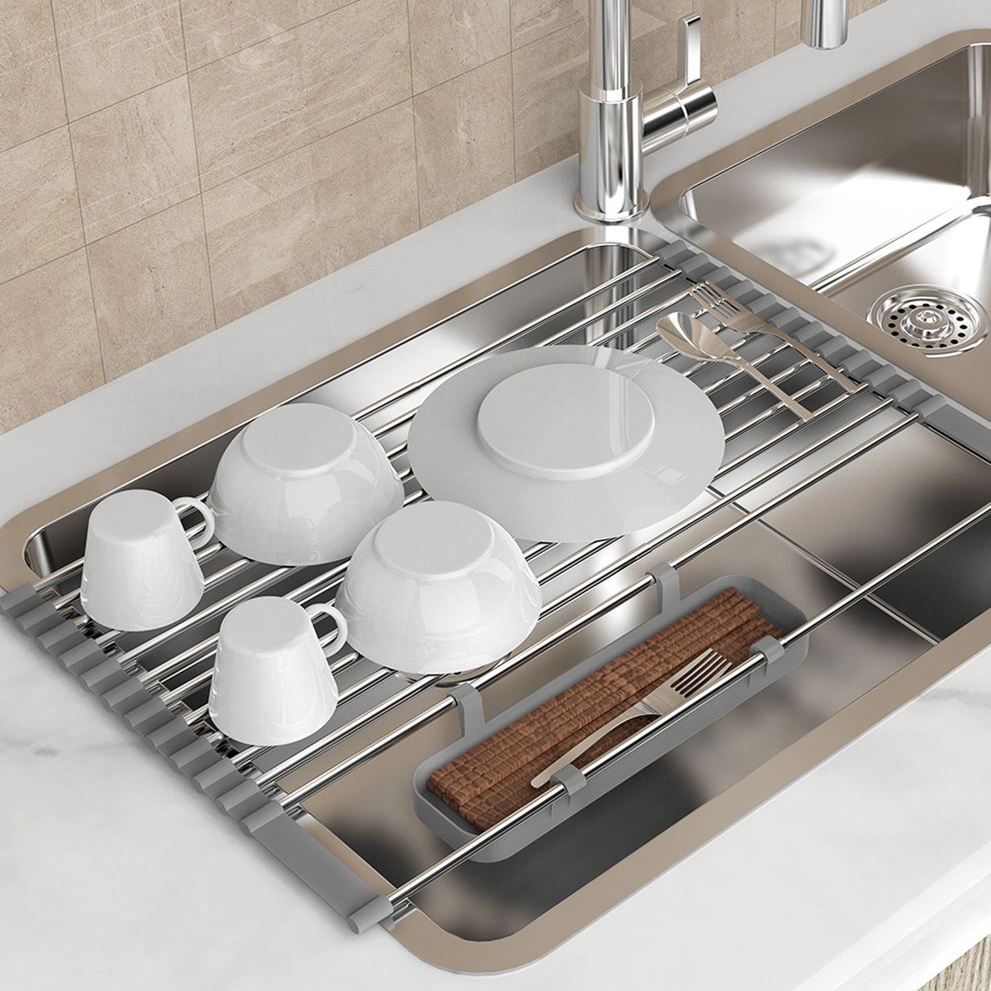 Ausziehbarer, aufrollbarer Geschirrtrockner mit 2 herausnehmbaren Körben, vielseitiger Küchenabtropfkorb, Ablagefach, Aufbewahrungsregal, Edelstahl, platzsparend, für die Spüle geeignet