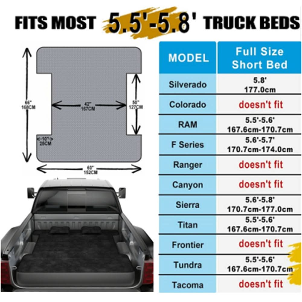 Matelas gonflable pour benne de pick-up (5,5 à 5,8 pieds) - Idéal pour le camping et les voyages en extérieur. Gonflage rapide et sac de transport inclus.