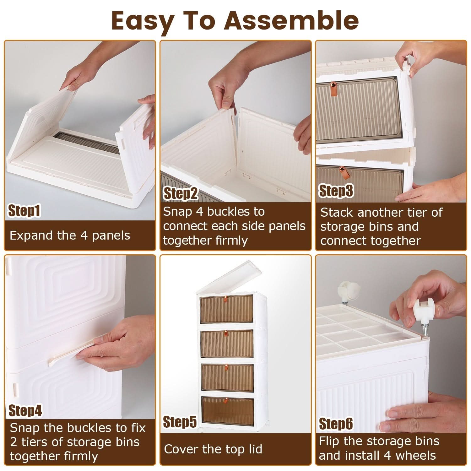 Ensemble de 4 bacs de rangement pliables avec couvercle et porte magnétique, empilables et dotés de 4 roulettes pivotantes à 360°.