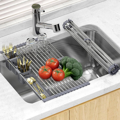 Ausziehbarer, aufrollbarer Geschirrtrockner mit 2 herausnehmbaren Körben, vielseitiger Küchenabtropfkorb, Ablagefach, Aufbewahrungsregal, Edelstahl, platzsparend, für die Spüle geeignet