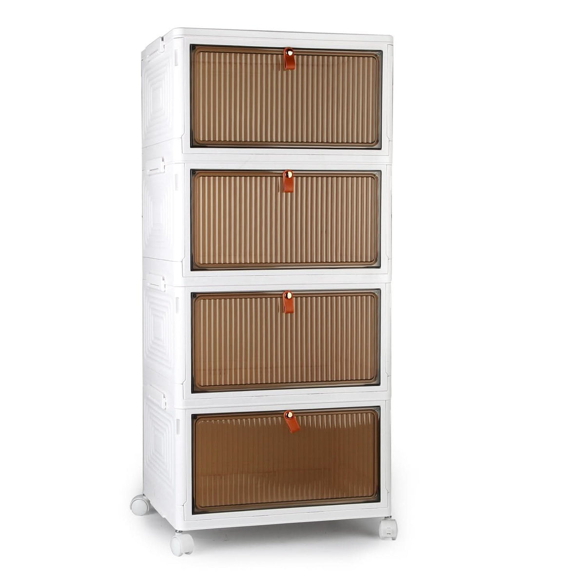 Ensemble de 4 bacs de rangement pliables avec couvercle et porte magnétique, empilables et dotés de 4 roulettes pivotantes à 360°.