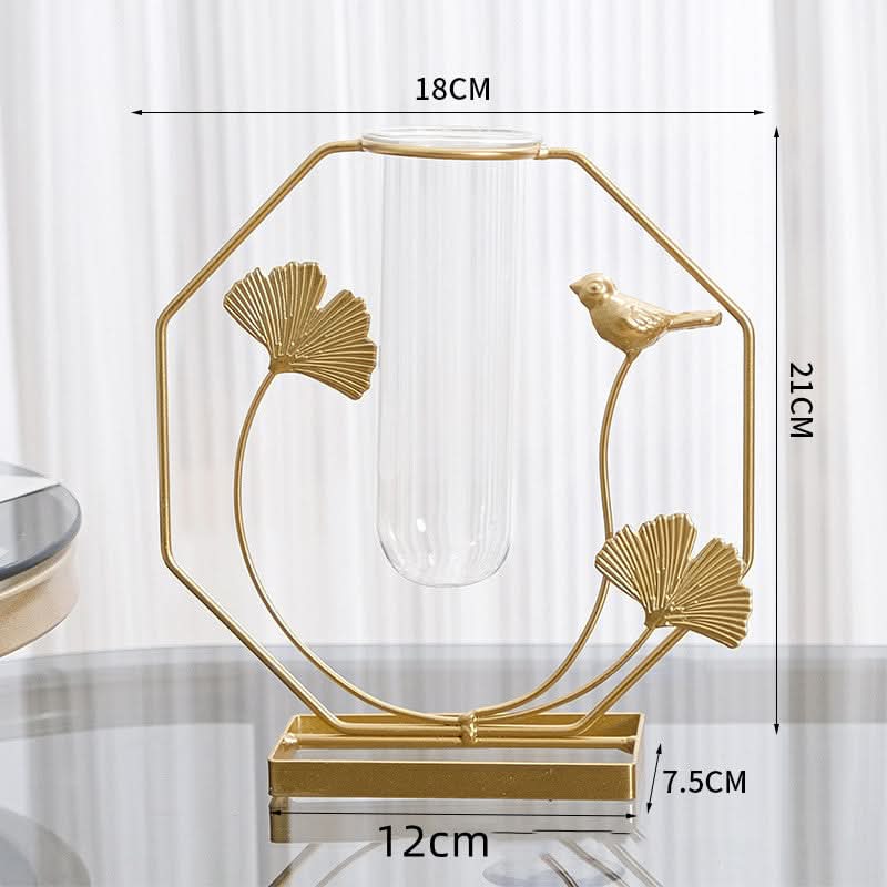 Iron & Glass Vase with Metal Leaf Accent