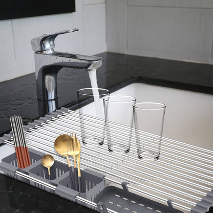 Ausziehbarer, aufrollbarer Geschirrtrockner mit 2 herausnehmbaren Körben, vielseitiger Küchenabtropfkorb, Ablagefach, Aufbewahrungsregal, Edelstahl, platzsparend, für die Spüle geeignet