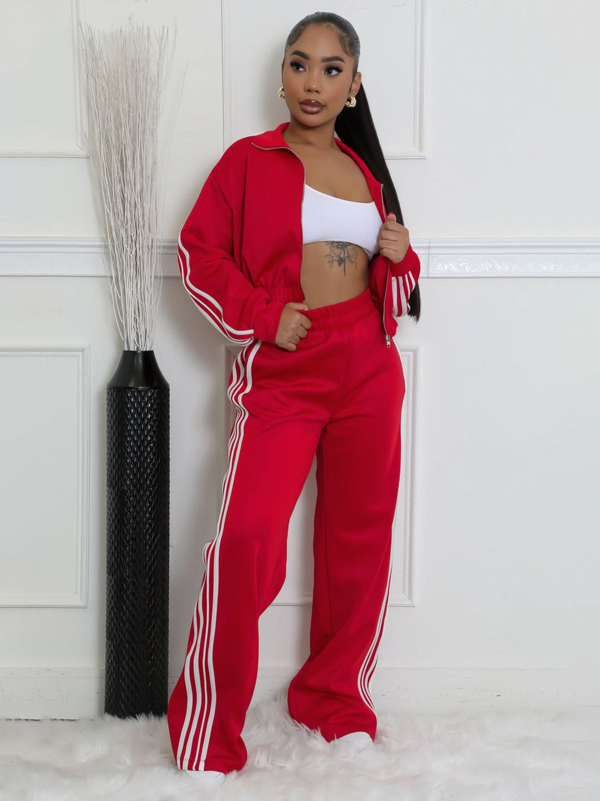 Striped Zip-Up Sweater Two-Piece Set