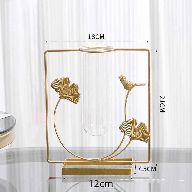 Iron & Glass Vase with Metal Leaf Accent