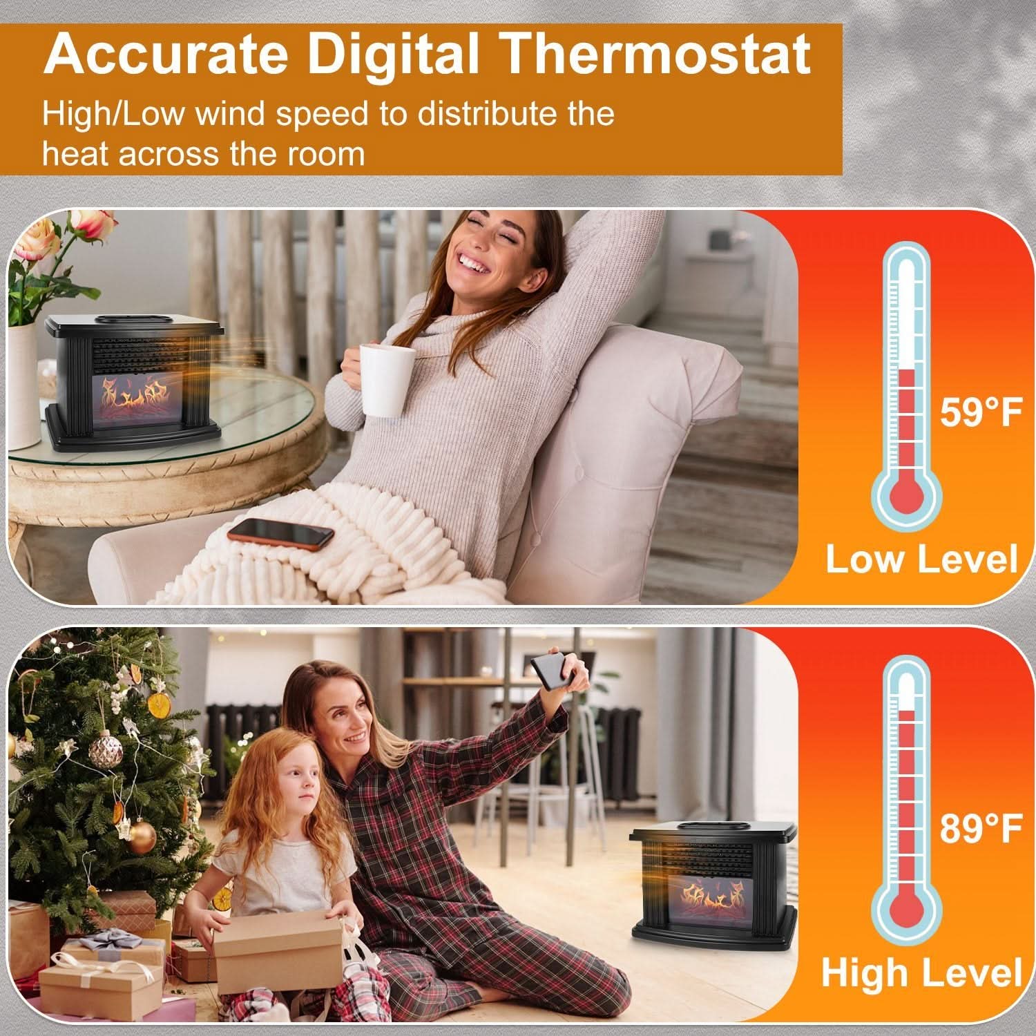 Electric Fireplace Heater 800W with Digital Thermostat