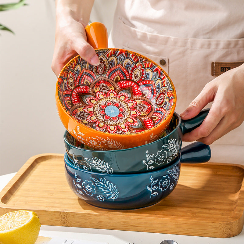 Glazed ceramic bowl handle detail
