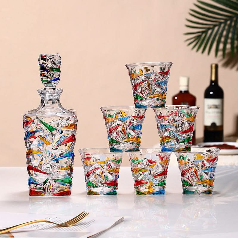 Pink Glacier Crackle-Glass Decanter and Cups Set
