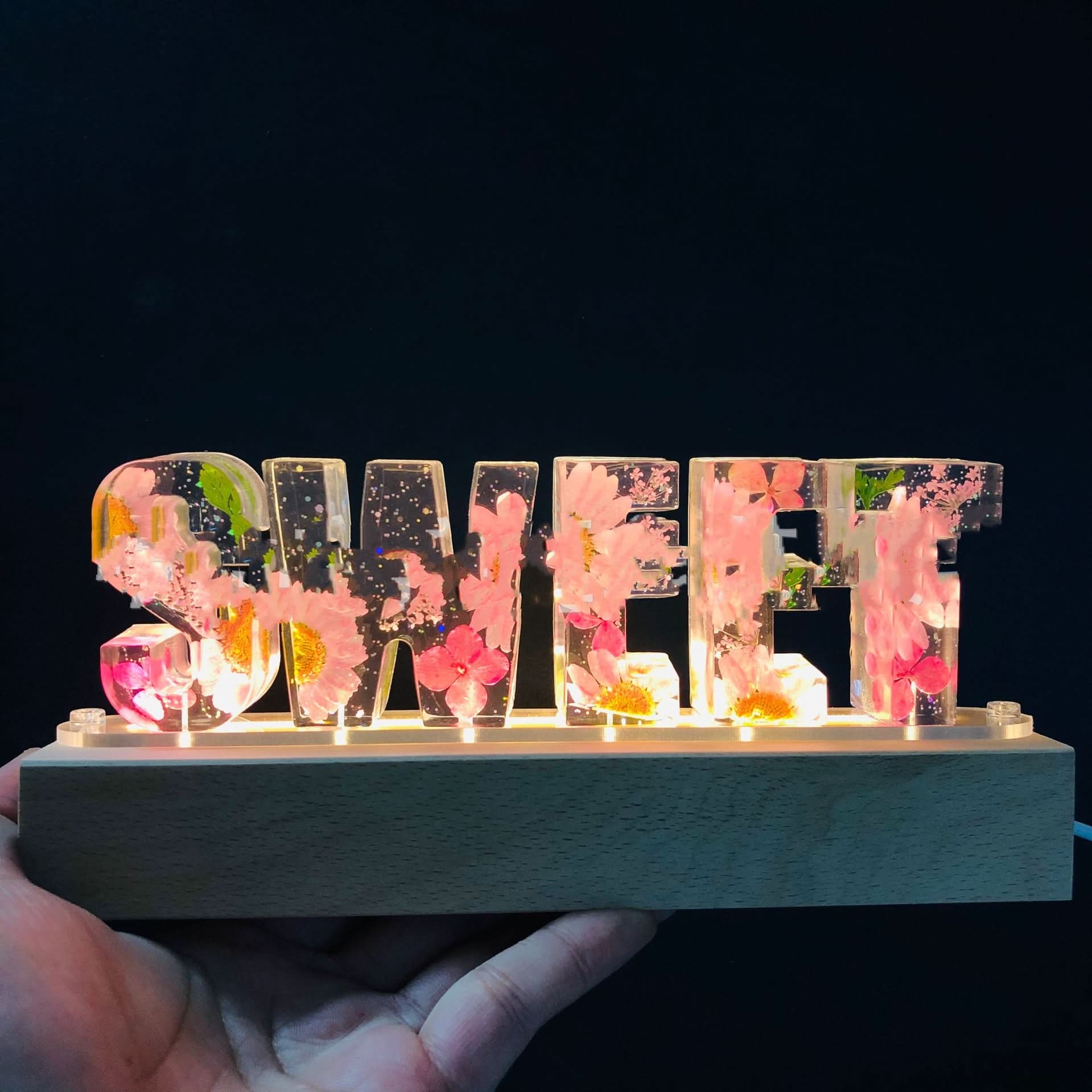 Real Flower Epoxy Uppercase And Lowercase Letters USB Night Light