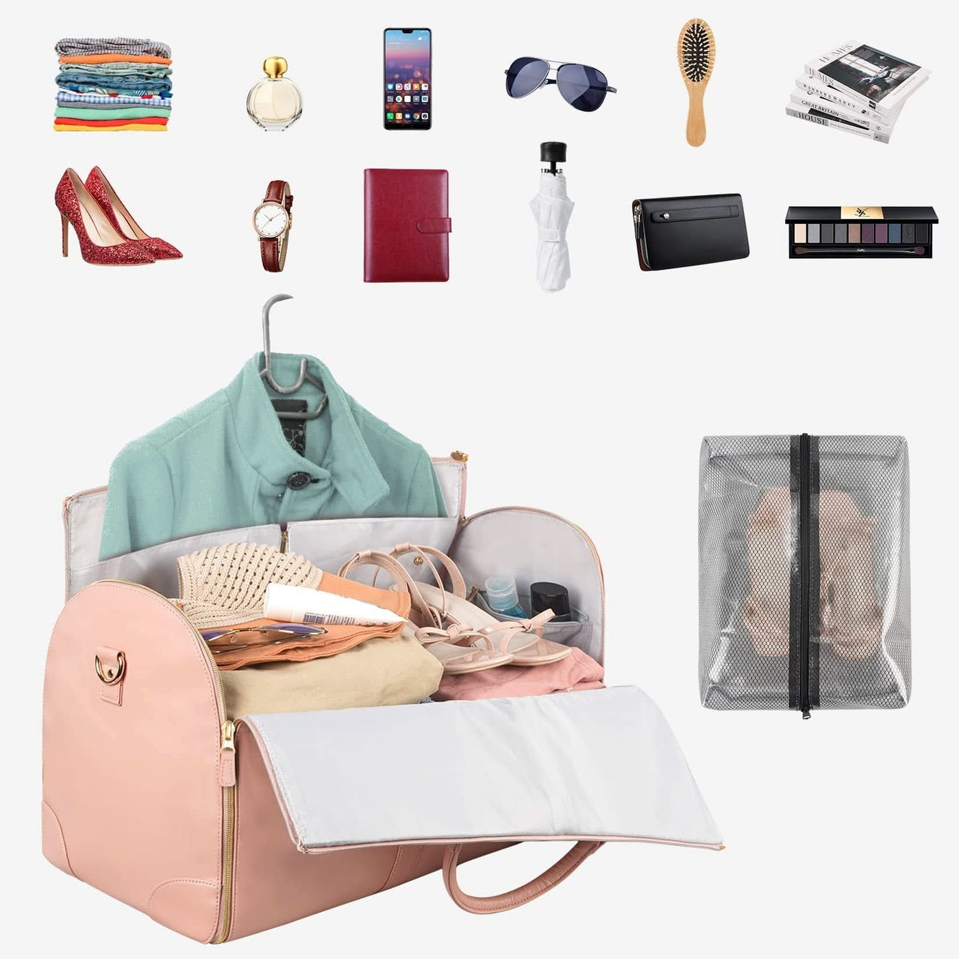 A Pink travel duffle shown open with clothing and smaller travel items arranged inside