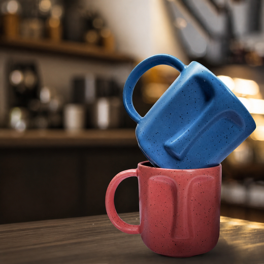 12 oz Face Ceramic Mug Set of 2, Pink and Blue