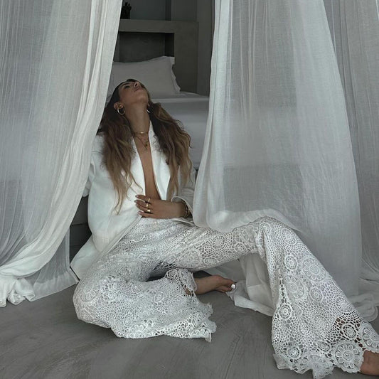 Lässige, transparente Hose im französischen Stil mit Spitze im Urlaubsstil