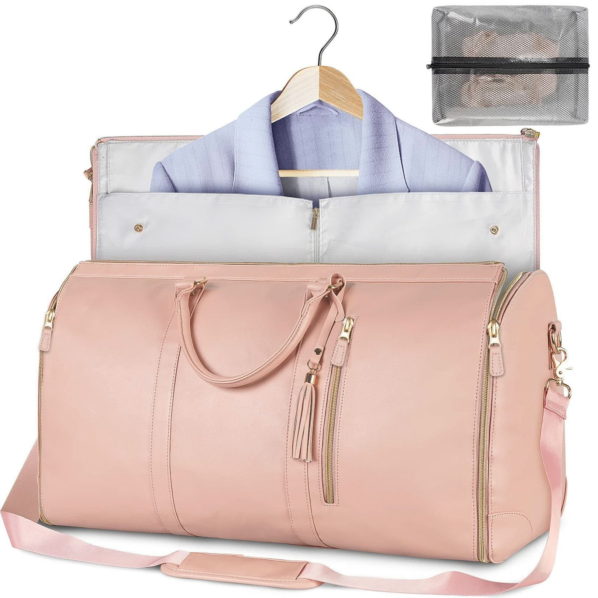 A Pink Large-Capacity Foldable Travel Duffle Bag shown closed with handles and shoulder strap