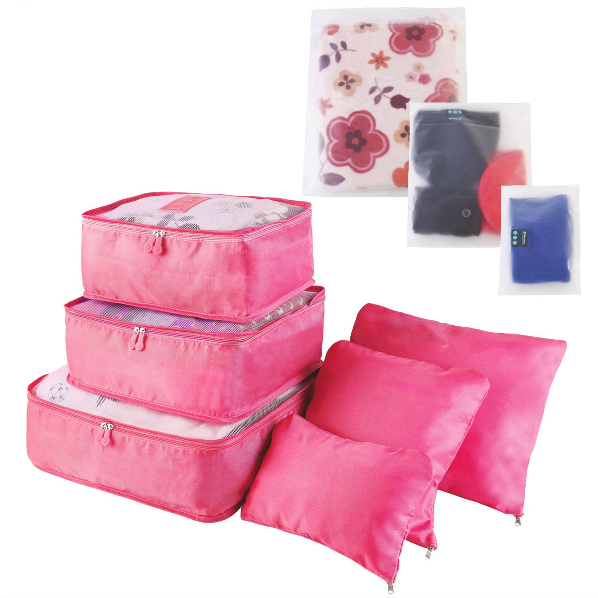 Hot pink 9-piece set: three cubes, three pouches and three storage bags